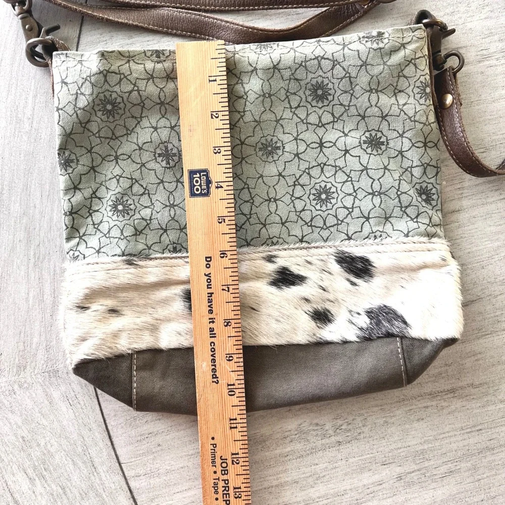 Myra Bag Upcycled Canvas‎ Rug Cowhide Crossbody Bag Green Brown S-1250